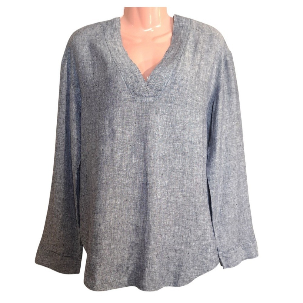 Pure Navy Women's 100% Linen Tunic Top Blue V-Neck Long Sleeves Size Small